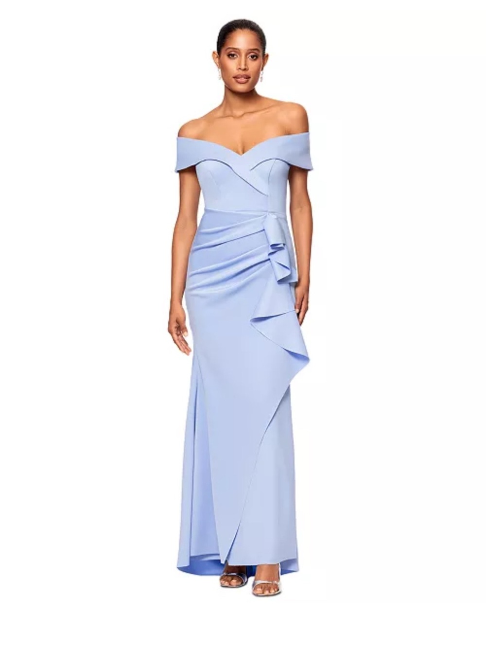 XSCAPE Scuba Off the Shoulder Gown in Periwinkle